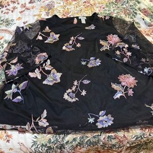 EUC 3X Catherine's Floral Embroidered Sheer Overlay Blouse with Bell Sleeves